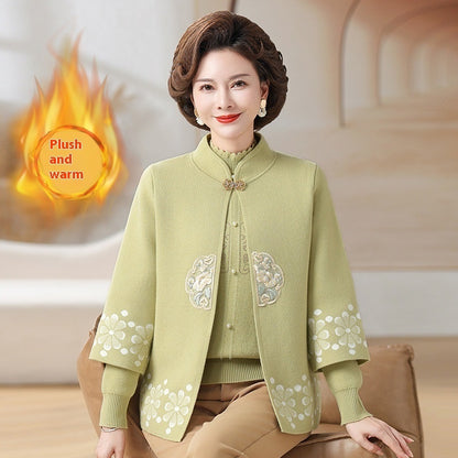 Middle-aged And Elderly Women's Knitting Sweater Cardigan Autumn And Winter Two-piece Set