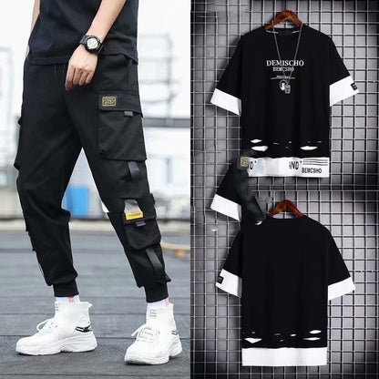 Men’s Two-Piece Hip-Hop Summer Set – Loose Overalls with Hooded Top