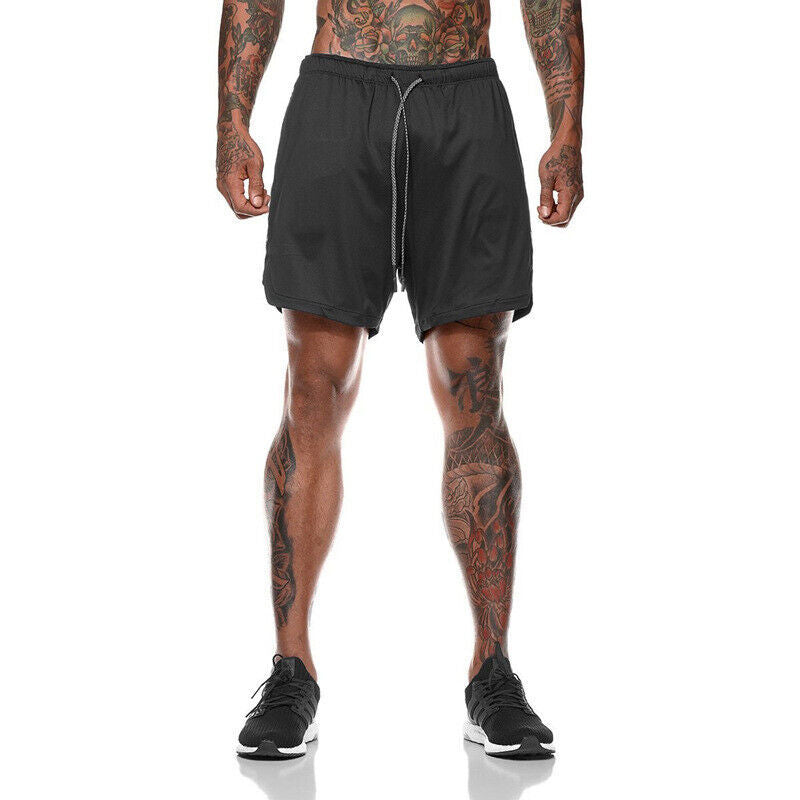 Mens Sports Running Shorts Gym Training Fitness Bottoms Double Layer With Pocket