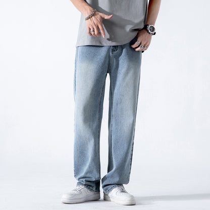 Men’s Vintage Loose Draping Wide-Leg Jeans – Washed Straight-Fit Streetwear