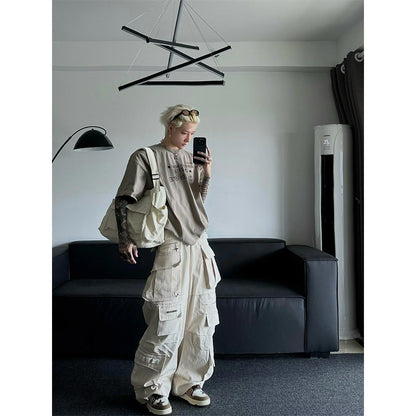 Men's Beige & White Multi-Pocket Overalls – Streetwear Utility Fashion