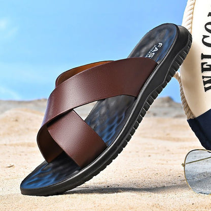 Men’s Casual Soft Leather Slippers – Soft-Bottom Non-Slip Comfort