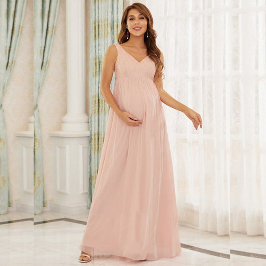 Maternity Dress Lace With Chiffon Long Dress For Pregant Women Sleeveless