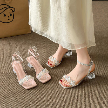 Rhinestone Flower Strap Women's High Heel Shoes