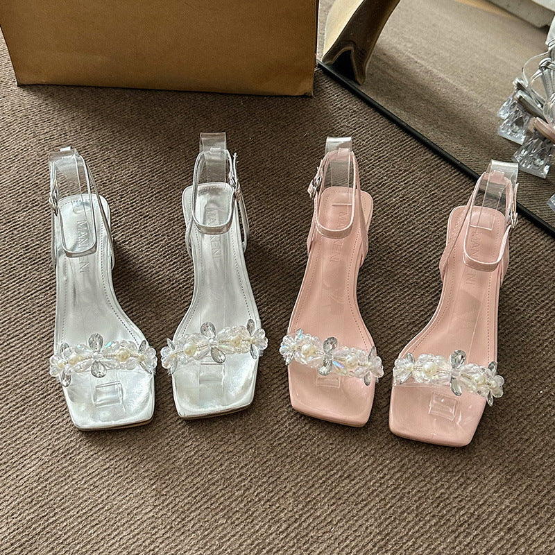 Rhinestone Flower Strap Women's High Heel Shoes