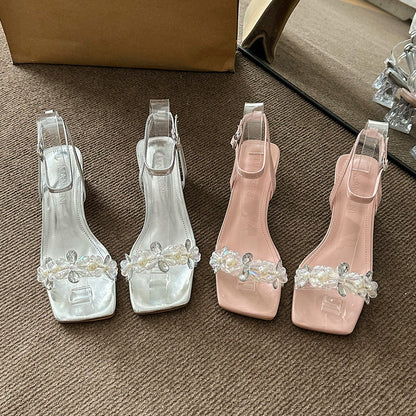 Rhinestone Flower Strap Women's High Heel Shoes
