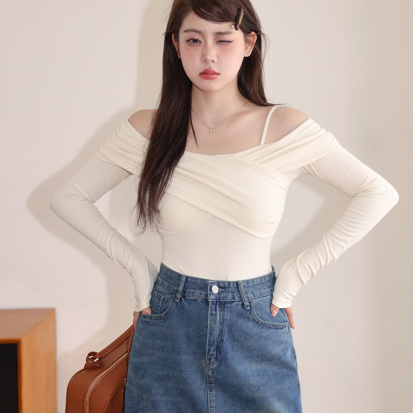 Slimming And Slimming One Shoulder Top, Sticky And Long Sleeved T