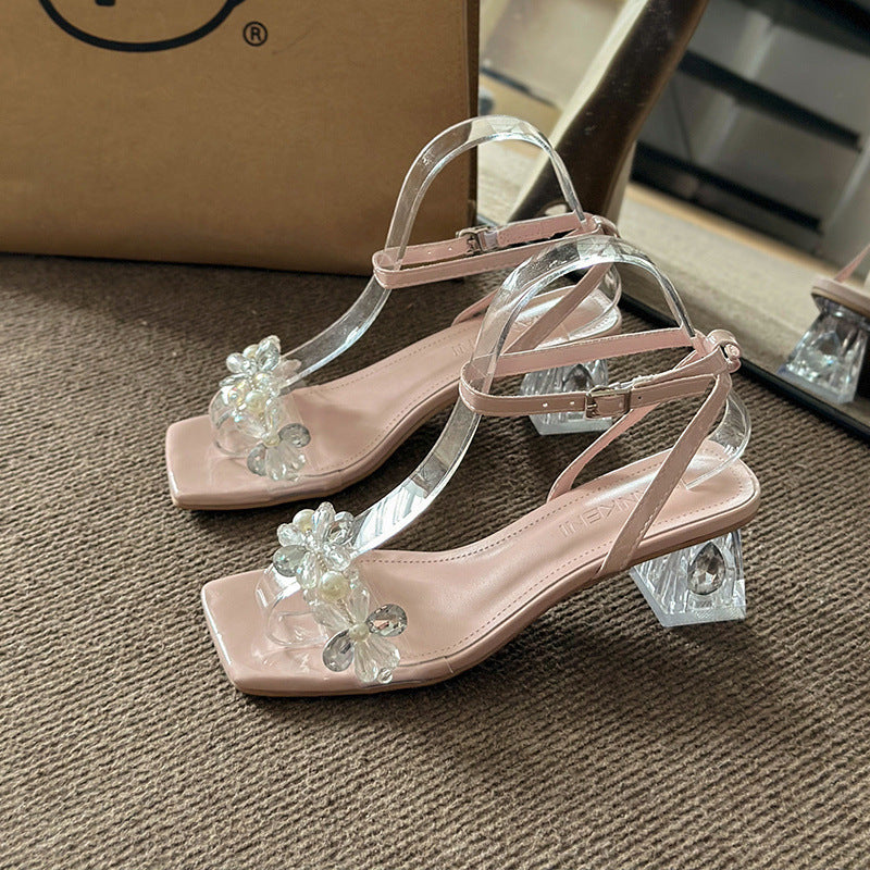 Rhinestone Flower Strap Women's High Heel Shoes