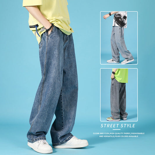 Men’s Korean Style Washed Denim Jeans – Mid-Waist, Straight Fit Casual Pants