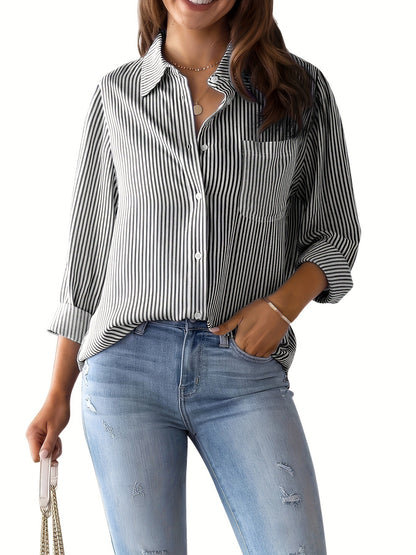 Women's Top Loose Business Casual Long Sleeved Shirt With Pockets